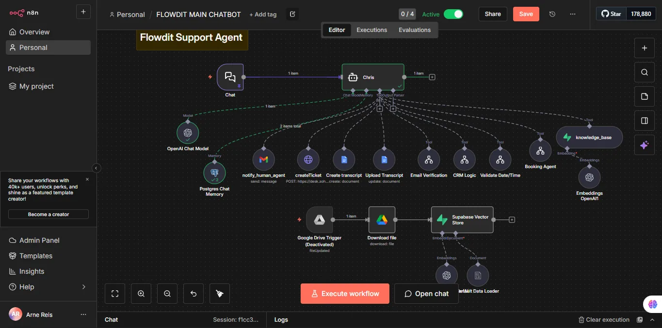 The n8n workflow powering the Flowdit chatbot, routing a visitor's chat through an AI agent to booking, ticket and transcript tools